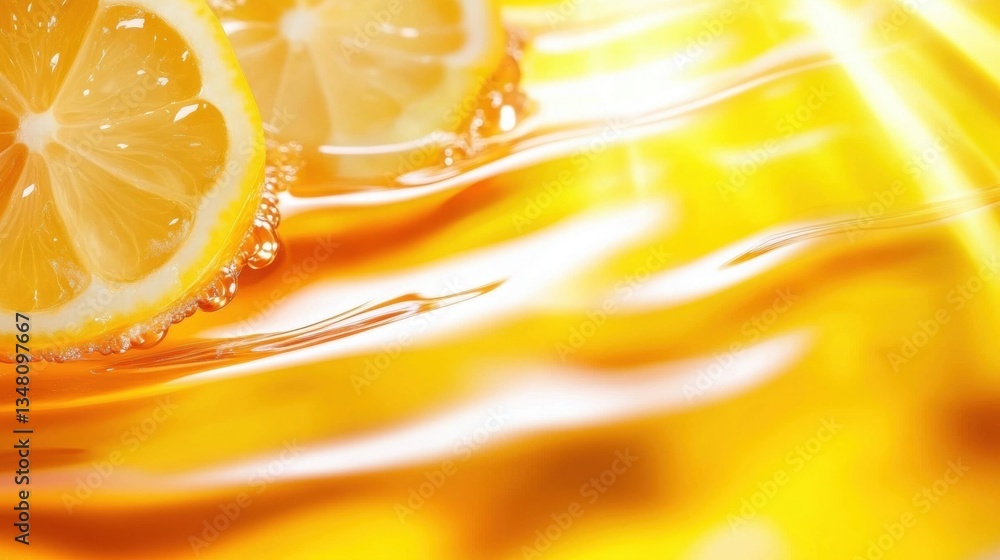 Aufkleber slices of lemon are immersed in a shimmering golden liquid, illuminated by light, creating a refresh