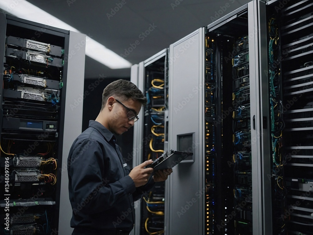 Poster it technician working on a server in a server room