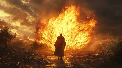 Obraz premium The Calling of Moses – Standing with His Staff Before the Burning Bush
