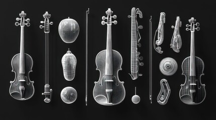 Naklejka premium Wireframe Violins: A 3D Model of String Instruments
