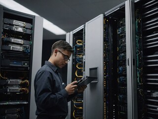 IT technician working on a server in a server room