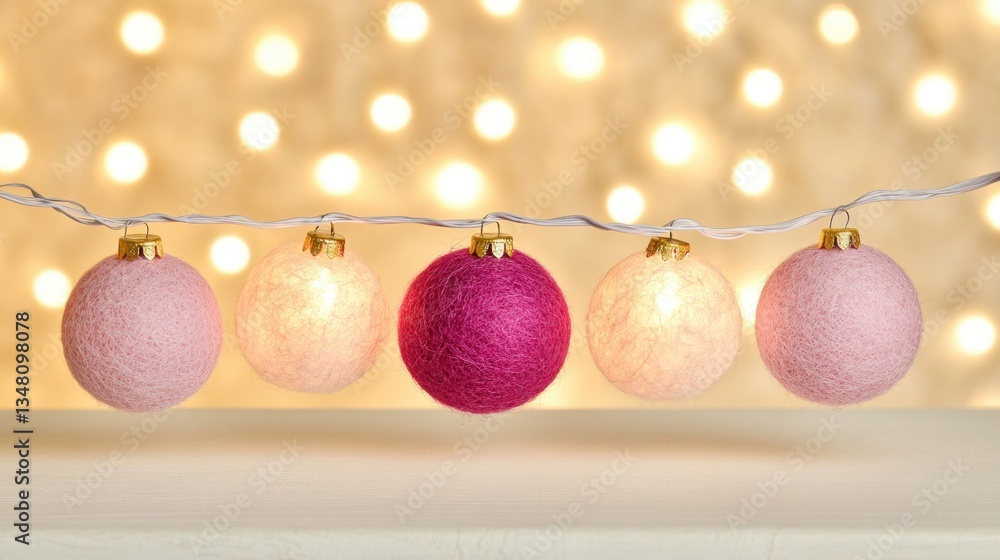 Poster decorative string lights are adorned with pink and purple woolen balls, creating a festive and warm 