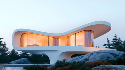 Futuristic White House on a Cliffside Overlooking Ocean at Sunset