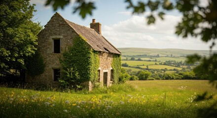 Obraz premium Old Stone Cottage in Meadow Surrounded by Rolling Green Hills