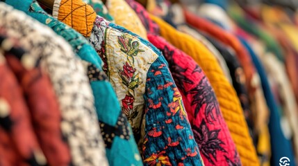 A variety of traditional garments display intricate patterns and bright colors, hanging side by side in a bustling market environment