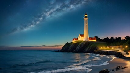 the lighting of a lighthouse that illuminates the evening sea