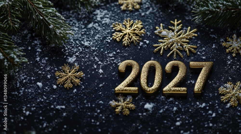 Poster golden numbers 2027 and decorative snowflakes are arranged on a dark surface surrounded by pine bran