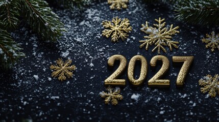 Golden numbers 2027 and decorative snowflakes are arranged on a dark surface surrounded by pine branches and artificial snow