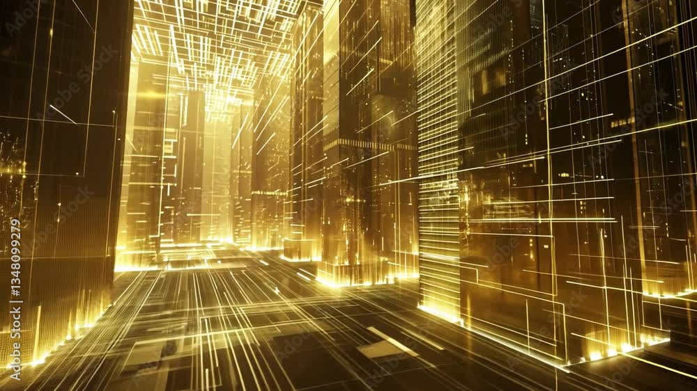 Poster futuristic digital landscape illuminated golden structures and abstract light trails showcasing mode