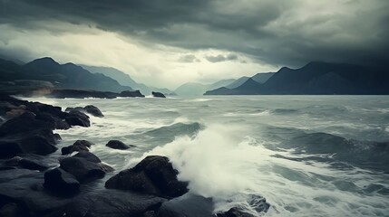 Fototapeta premium Dramatic Coastal Scene Dark Mountains Ocean Waves