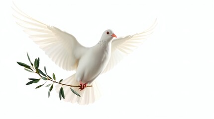 Obraz premium white dove with refined features, soaring with an olive branch