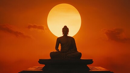 A serene buddha statue sits peacefully during a vivid sunset scene