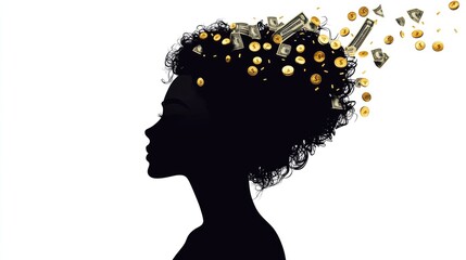 Silhouette of a Woman with Money Falling from Her Hair