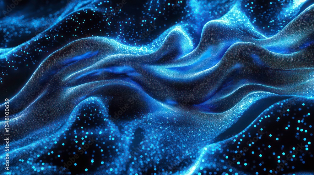 Poster futuristic abstract wavy background created by blue light dots. it evokes the feeling of artificial 