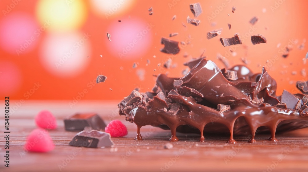 Poster melting dark chocolate explodes in pieces next to vibrant raspberries, creating a tantalizing culina
