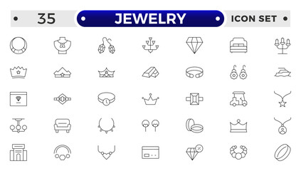 Jewelry icon set. Simple Set of Jewelry Related Vector Line Icons. Contains such Icons as Earrings, Body Crosses, and Engagement rings. Outline icon collection.