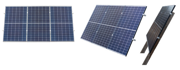 Solar panels isolated on transparent background. PNG image. Front and side views.