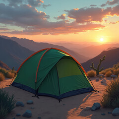 Green tent stands in desert mountains at sunset. Adventure camping, hiking, travel tourism outdoors. Evening sky, sun sets over mountain range. Nature vacation leisure.