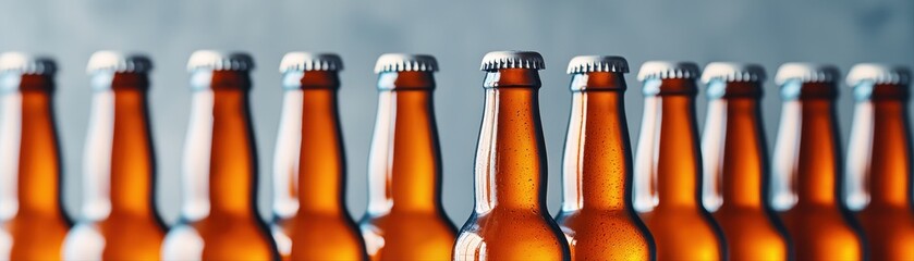 A row of amber beer bottles lined up perfectly against a soft muted gray background creating a nostaic and inviting atmosphere for beer lovers to enjoy