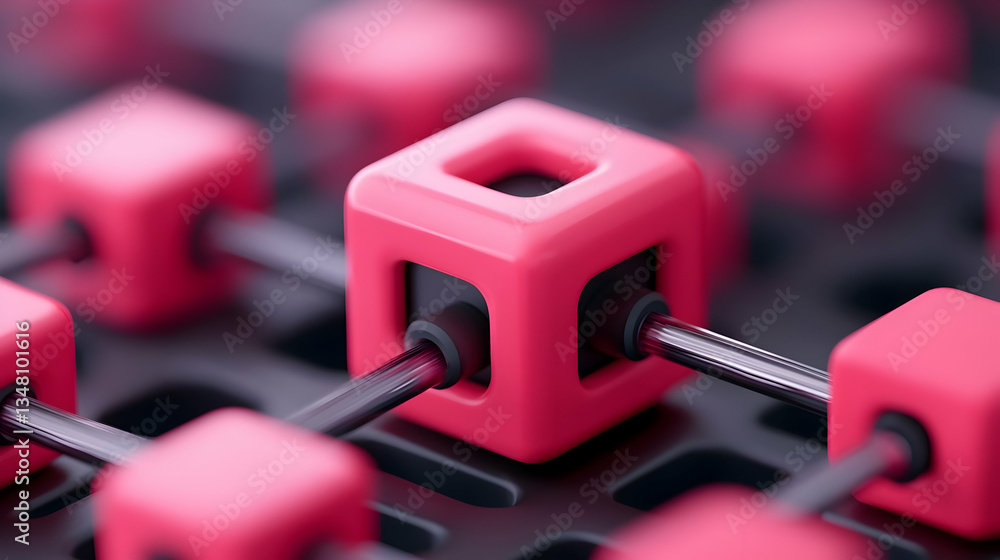 Poster interconnected pink cubes network abstract 3d rendering