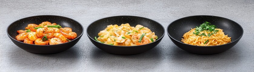 Three elegant black bowls featu delicious Asian-inspired dishes with shrimp, creamy noodles, and green onions, showcasing culinary artistry and flavor.