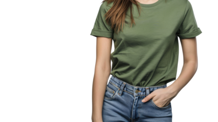 Woman wearing green t-shirt and jeans with hand in pocket on transparent background