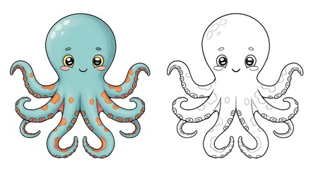 Drawing Cute Octopus Outine with a white background, seafood drawing book