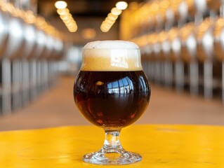 Dark beer with creamy head in a stemmed glass on a yellow table, blurred stainless steel fermentation tanks in the background atmosphere brewing