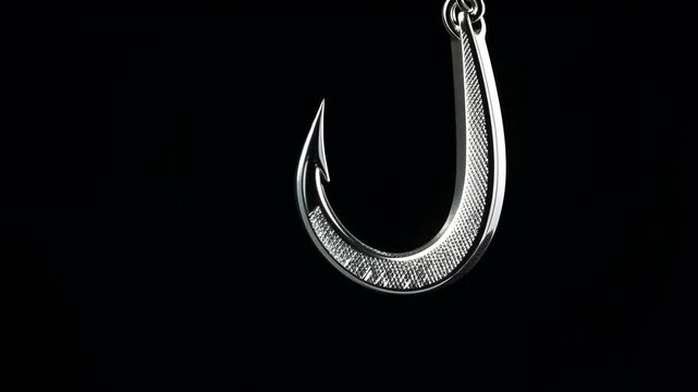 Silver fishing hook hanging against a dark background showcasing its shiny and sharp design with intricate details