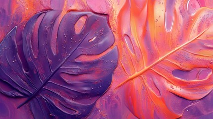 Obraz premium Abstract Painting of Two Monstera Leaves in Vibrant Hues