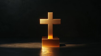 Obraz premium A golden cross set on a simple square pedestal