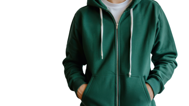 Young man wearing green hoodie with hands in pockets on transparent background
