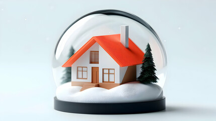 Miniature House Model in a Snow Globe with Falling Snow