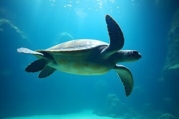 Obraz premium A Massive Sea Turtle Gliding Through a Large Aquarium Tank