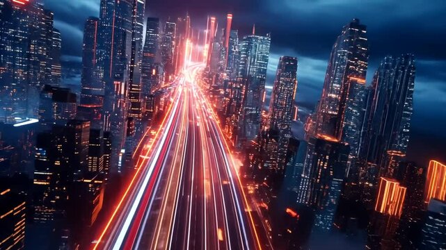 Futuristic metropolis at night with light trails, aerial view of cityscape motion blur