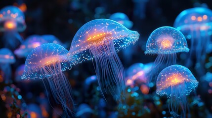 Glowing bioluminescent jellyfish swimming in a deep dark aquatic environment