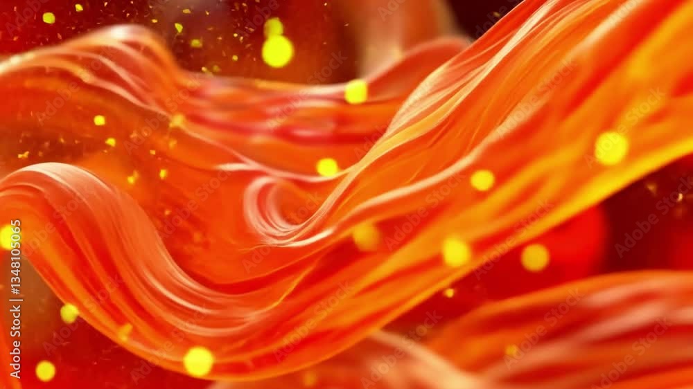 Poster vibrant abstract background with flowing red and orange waves, glowing particles creating dynamic an