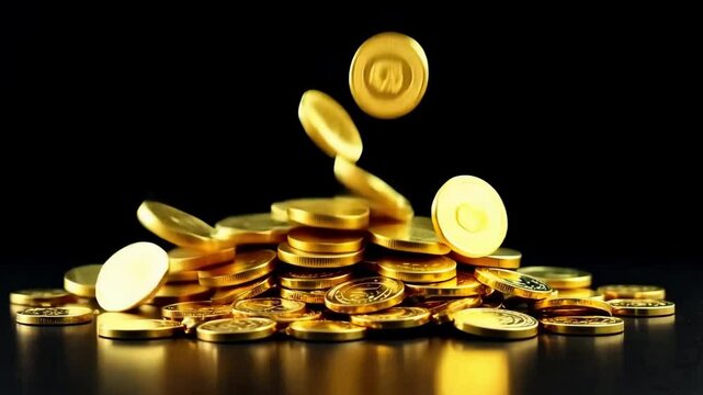 Falling gold coins stacked on a reflective black surface. Horizontal video. Wealth, finance, and investment concept
