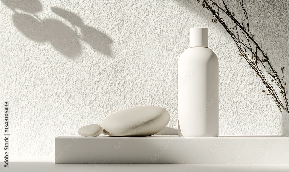 Poster minimalistic design featuring a white bottle and smooth stones creating a serene aesthetic in natura