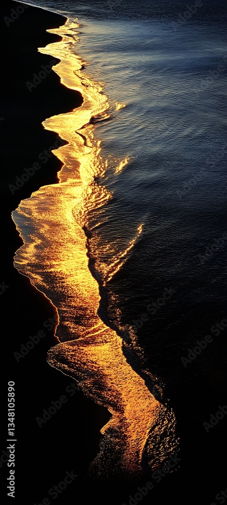 Poster stunning aerial view of sunset reflection on the ocean shoreline with gentle waves and golden sand :