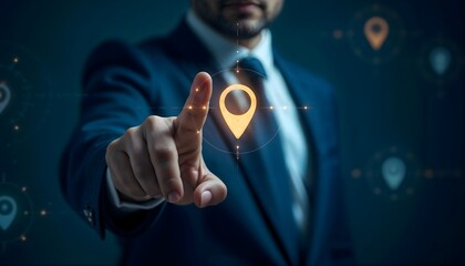 Businessman pointing at digital location pin symbol in futuristic interface. 