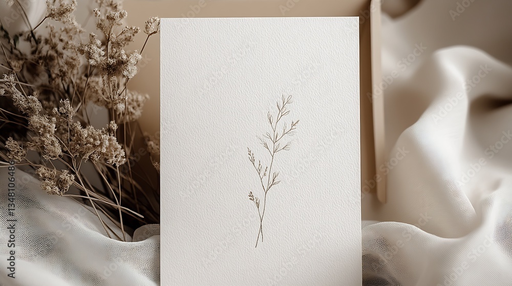 Poster Minimalistic card design with a floral illustration set on a soft fabric background for artistic presentation : Generative AI