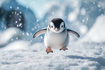 A Cute Penguin Chick Leaping Joyfully Through Snowy Winter Scenery