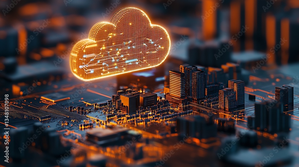 Poster futuristic urban landscape with glowing cloud icon and circuit patterns in vibrant orange and black 