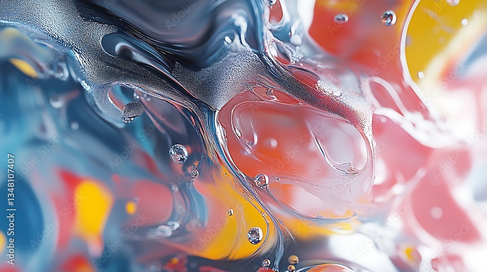 Poster colorful abstract fluid art with vivid swirls and bubbles showcasing a mesmerizing blend of paint an