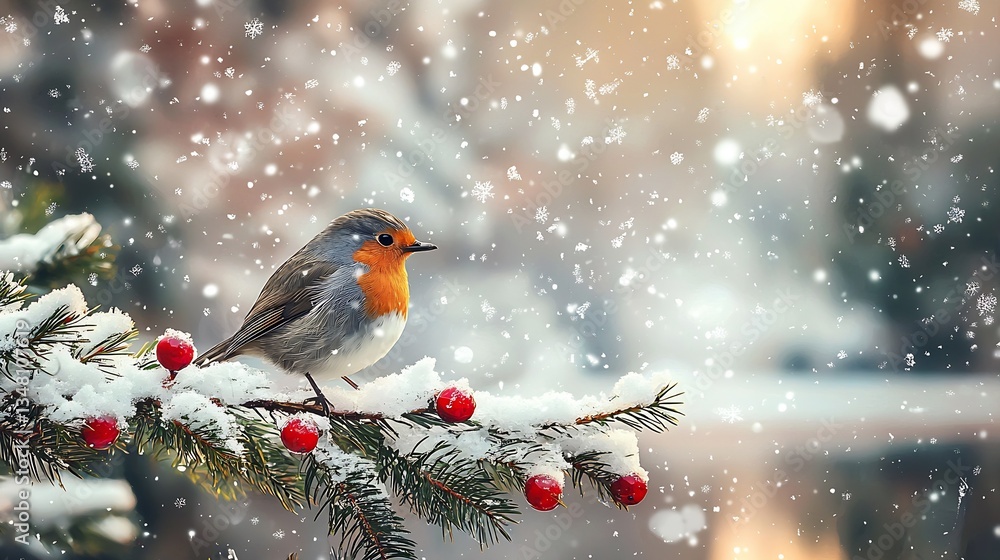 Poster charming robin bird perched on a frosty pine branch amidst falling snowflakes in a serene winter lan