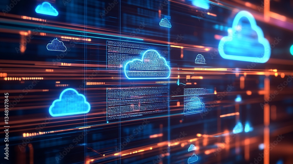 Poster Futuristic Digital Cloud Technology Interface with Neon Lighting and Data Flow : Generative AI