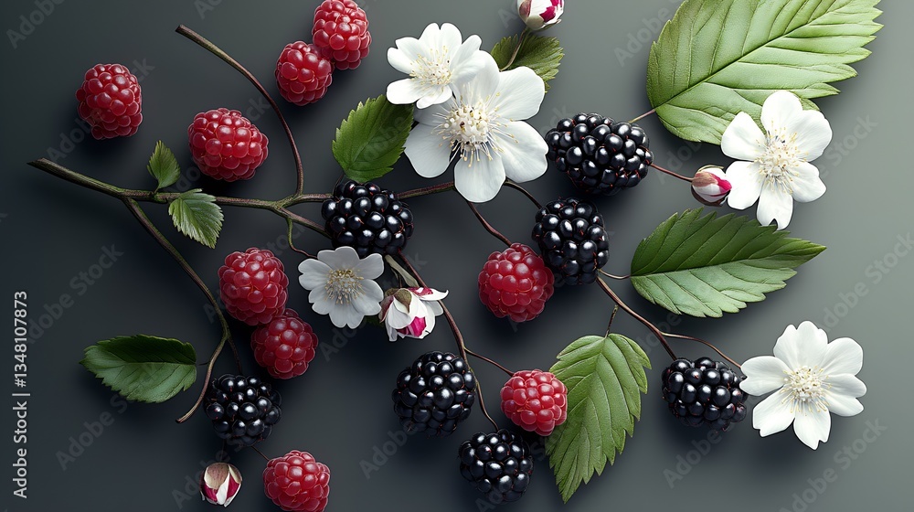 Poster vibrant display of raspberries and blackberries with blossoming flowers on a gray background : gener