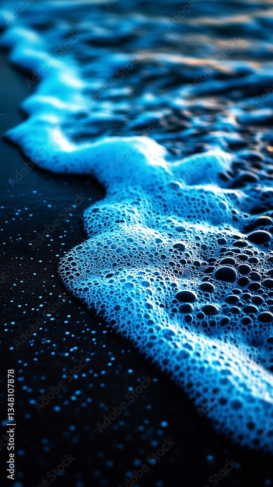 Aufkleber close up view of ocean foam creating unique patterns along the sandy beach at dusk : generative ai