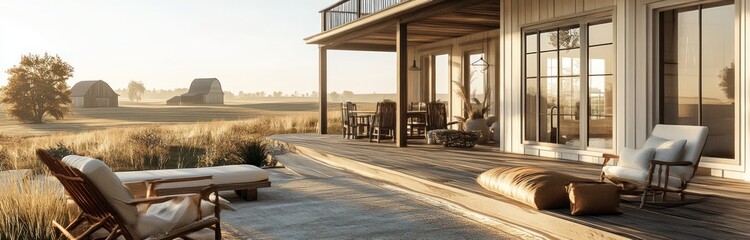 Tranquil Modern Farmhouse: Interior & Exterior Design with Natural Light, Minimalist Decor, Porch, Balcony, Rolling Hills, Barn - AI Generated